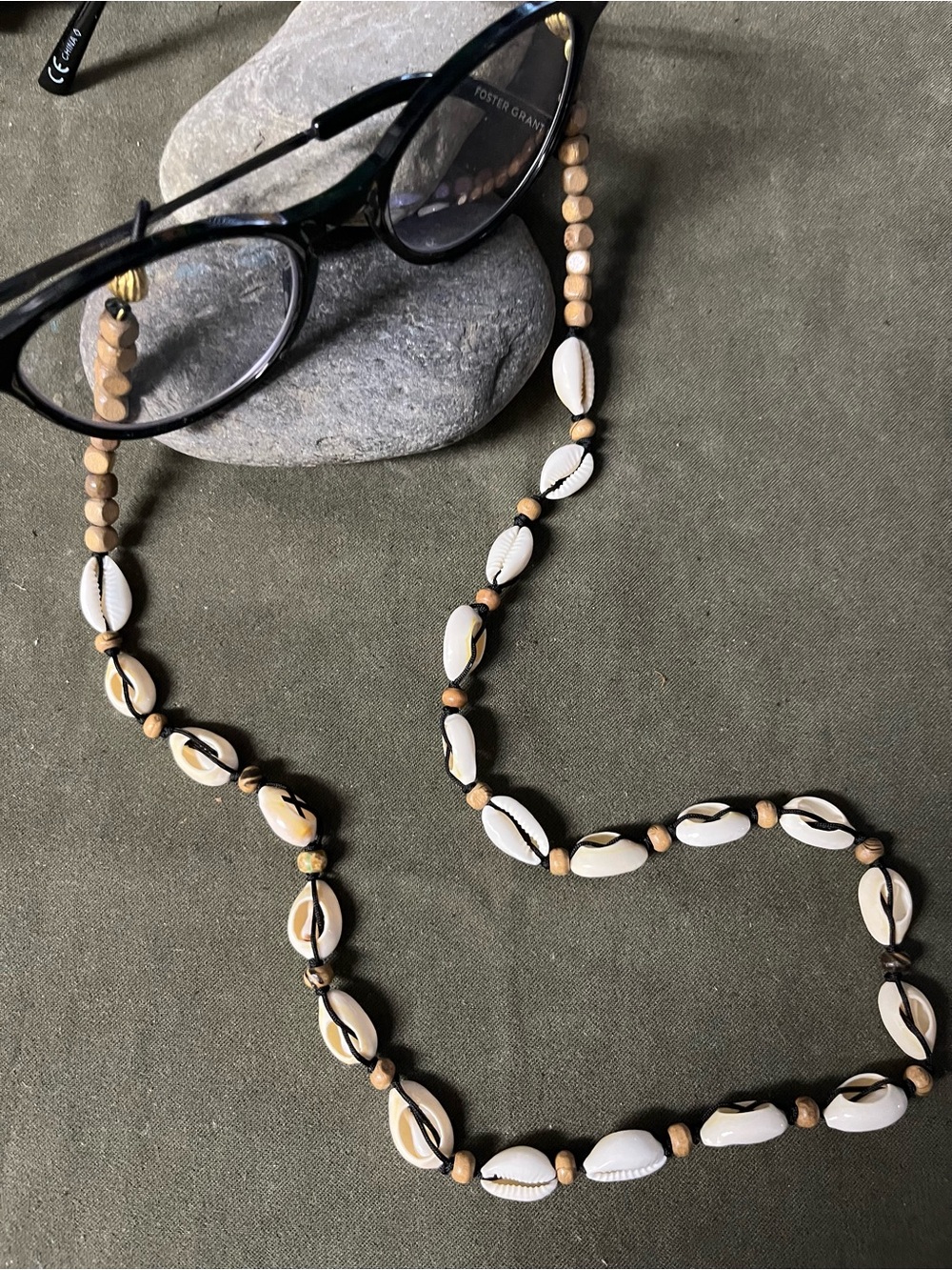 Beach sunglasses chain. Cowrie shells and wood beads